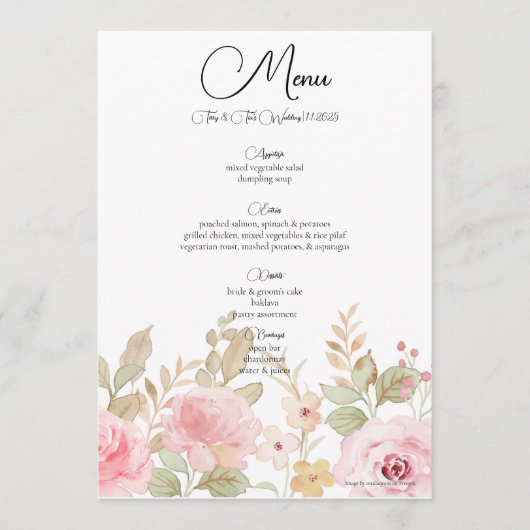 Elegante bloemenbruiloft gepersonaliseerde ontvang menu (Voorkant)