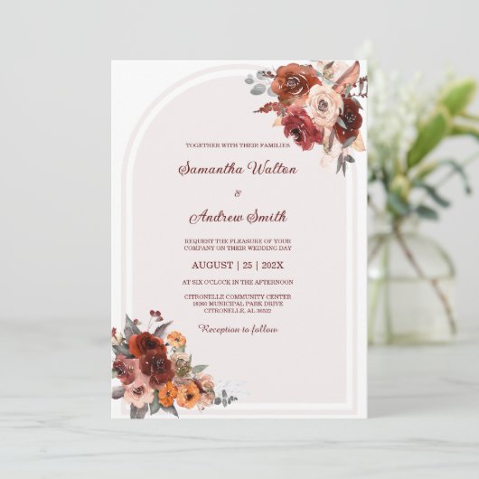 Elegante bloemenbruiloft met bordeaux en perzik kaart (Staand voorkant)