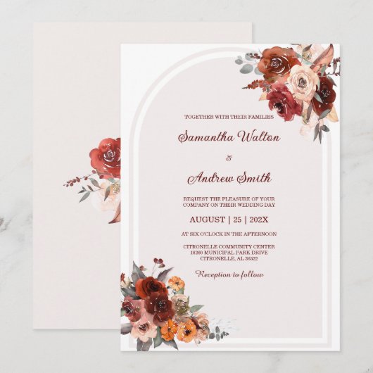 Elegante bloemenbruiloft met bordeaux en perzik kaart (Voorkant / Achterkant)