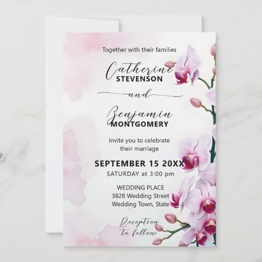 Elegante bloemenbruiloft met roze mottenorchideeën kaart (Voorkant)