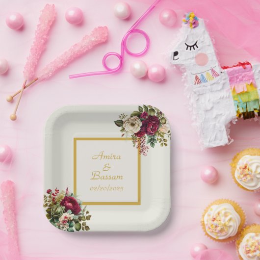 Elegante bloemenbruiloft Rozen Papieren Bordje (Feest)