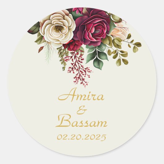Elegante bloemenbruiloft Rozen Ronde Sticker (Voorkant)