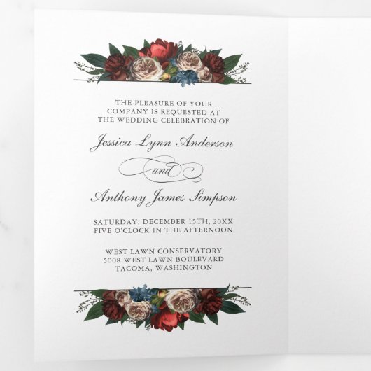 Elegante Bloemenbruiloft uitnodigen met foto en RS Drieluik Uitnodiging (Binnenzijde eerst)