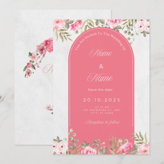 Elegante bloemenbruiloft uitnodiging_roze boog ont kaart (Voorkant / Achterkant)