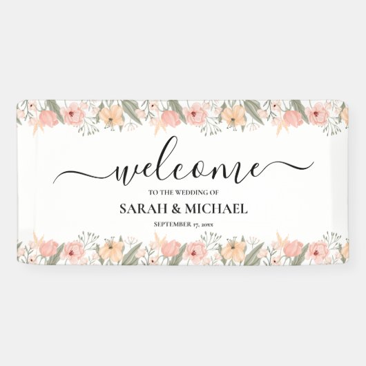 Elegante bloemenbruiloft welkom spandoek (Horizontaal)