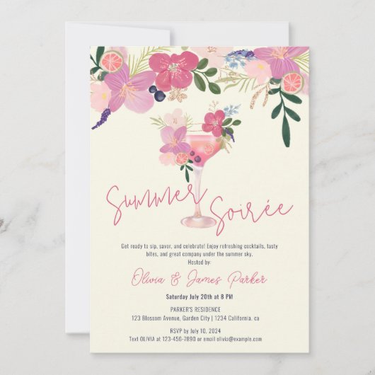 Elegante Bloemencocktail Handgetekende Zomeravond  Kaart (Voorkant)