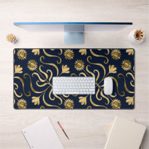 Elegante Bloemendamask Navyblauw & Gouden Zonneblo