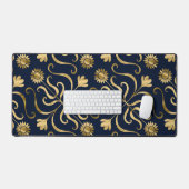 Elegante Bloemendamask Navyblauw & Gouden Zonneblo Bureaumat (Keyboard & Muis)
