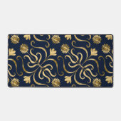 Elegante Bloemendamask Navyblauw & Gouden Zonneblo Bureaumat (Voorkant)