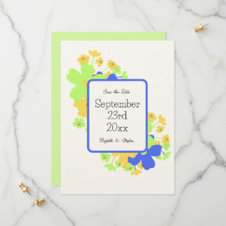 Elegante bloemendesign in blauw groen geel save the date