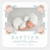 Elegante bloemendoop foto voor jongen Doop Vierkante Sticker (Voorkant)
