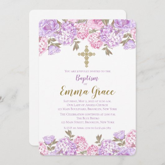 Elegante bloemendoop | Uitnodiging tot doop (Voorkant / Achterkant)