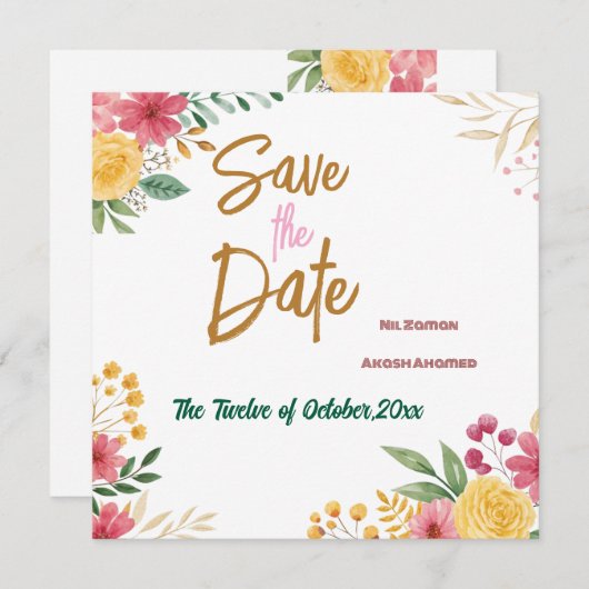 Elegante Bloemendubbelnaam save the date (Voorkant / Achterkant)