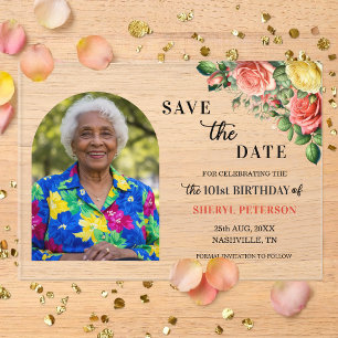 Elegante bloemenfoto 101e verjaardag Save the Date Acryl Uitnodigingen