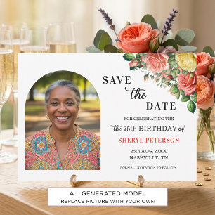 Elegante bloemenfoto 75ste verjaardagsfeestje save the date