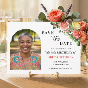 Elegante bloemenfoto 75ste verjaardagsfeestje  save the date