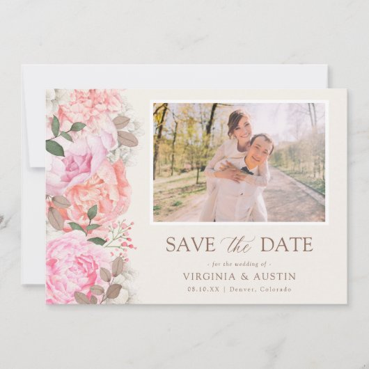 Elegante bloemenfoto save the date (Voorkant)