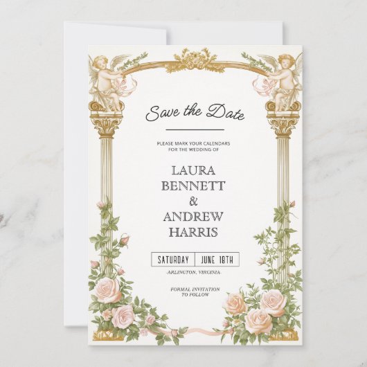 Elegante Bloemeng Cherub Save-the-Date Kaart (Voorkant)