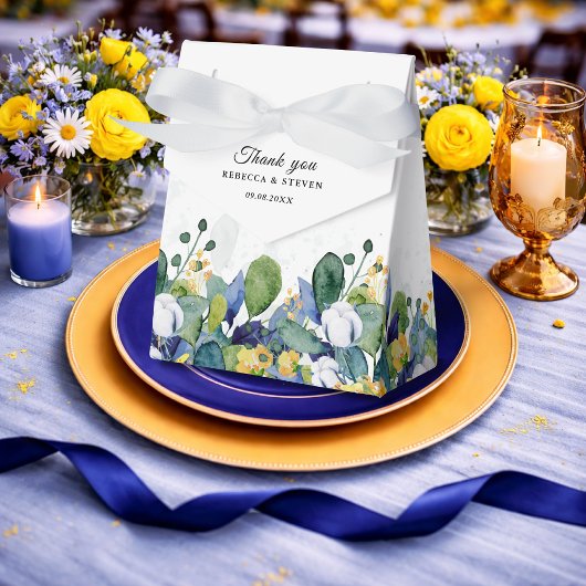 Elegante bloemengele blauwe witte bruiloft bedankdoosjes