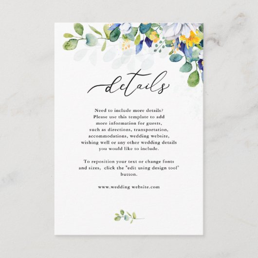 Elegante bloemengele blauwe witte bruiloft informatiekaartje (Voorkant)