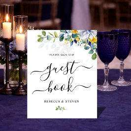 Elegante bloemengele blauwe witte bruiloft reclamebord met voetstuk