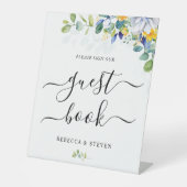 Elegante bloemengele blauwe witte bruiloft reclamebord met voetstuk (Voorkant)