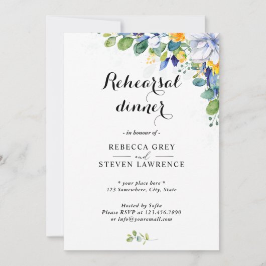 Elegante bloemengele blauwe witte bruiloft repetit kaart (Voorkant)