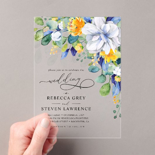 Elegante bloemengele witte blauwe bruiloft acryl uitnodigingen (Insitu (Draagbaar))