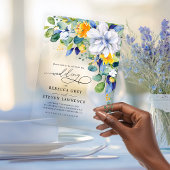 Elegante bloemengele witte blauwe bruiloft acryl uitnodigingen