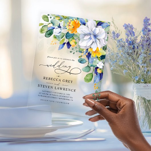 Elegante bloemengele witte blauwe bruiloft acryl uitnodigingen