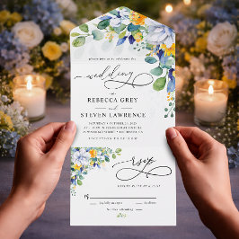 Elegante bloemengele witte blauwe bruiloft all in one uitnodiging