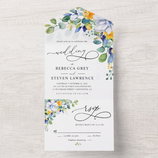 Elegante bloemengele witte blauwe bruiloft all in one uitnodiging (Binnen)