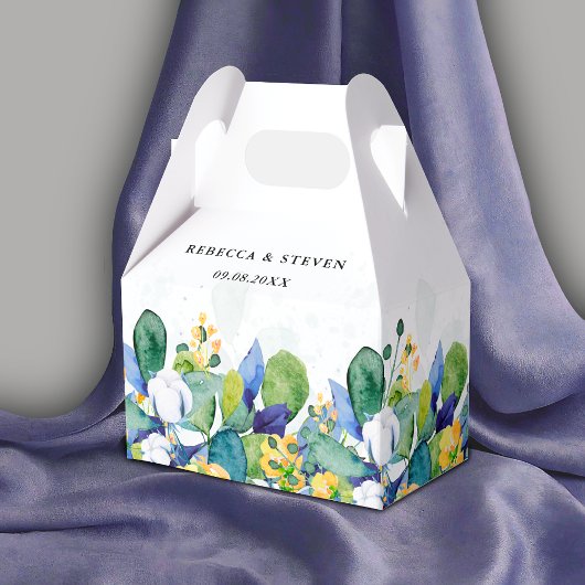 Elegante bloemengele witte blauwe bruiloft bedankdoosjes