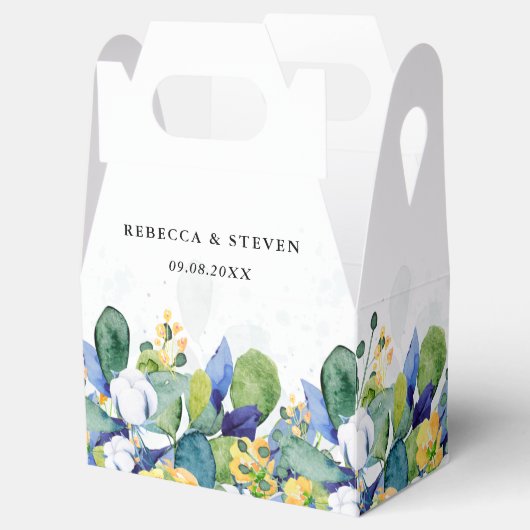Elegante bloemengele witte blauwe bruiloft bedankdoosjes (Geopend)