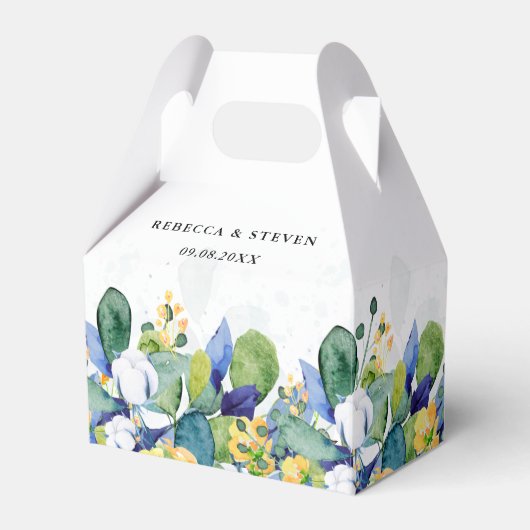 Elegante bloemengele witte blauwe bruiloft bedankdoosjes (Voorkant Zijde)