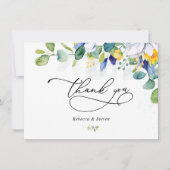 Elegante bloemengele witte blauwe bruiloft bedankkaart (Voorkant)