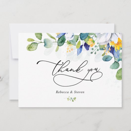 Elegante bloemengele witte blauwe bruiloft bedankkaart (Voorkant)