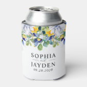 Elegante bloemengele witte blauwe bruiloft blikjeskoeler (Blikje Voorkant)