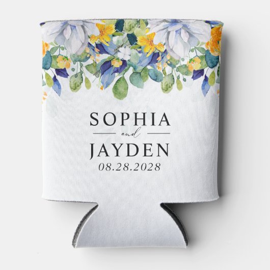 Elegante bloemengele witte blauwe bruiloft blikjeskoeler (Voorkant)