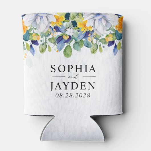 Elegante bloemengele witte blauwe bruiloft blikjeskoeler (Achterkant)