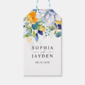 Elegante bloemengele witte blauwe bruiloft cadeaulabel (Voorkant)