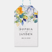 Elegante bloemengele witte blauwe bruiloft cadeaulabel (Achterkant)