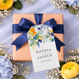 Elegante bloemengele witte blauwe bruiloft cadeaulabel