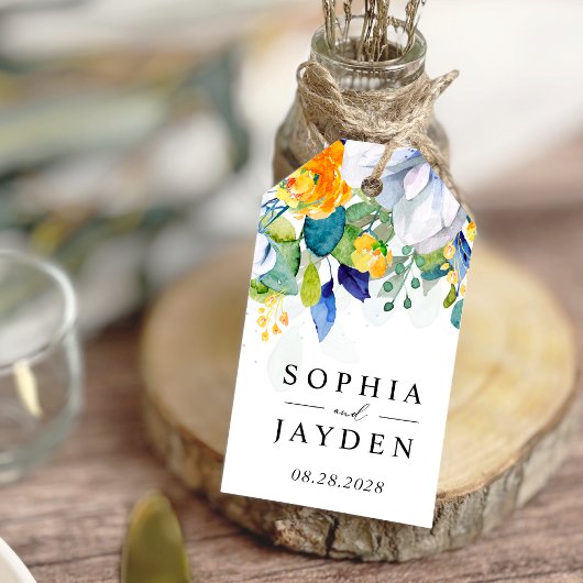 Elegante bloemengele witte blauwe bruiloft cadeaulabel