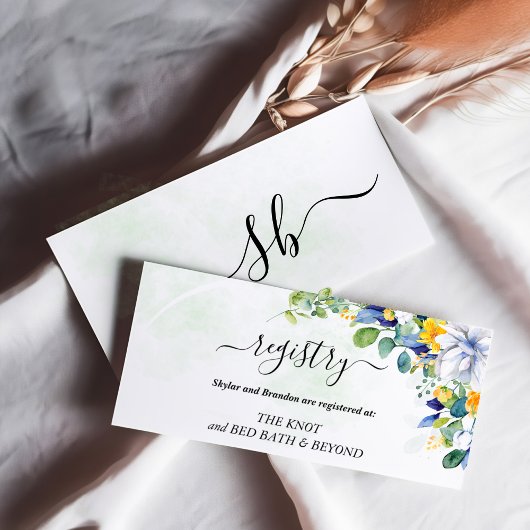 Elegante bloemengele witte blauwe bruiloft informatiekaartje