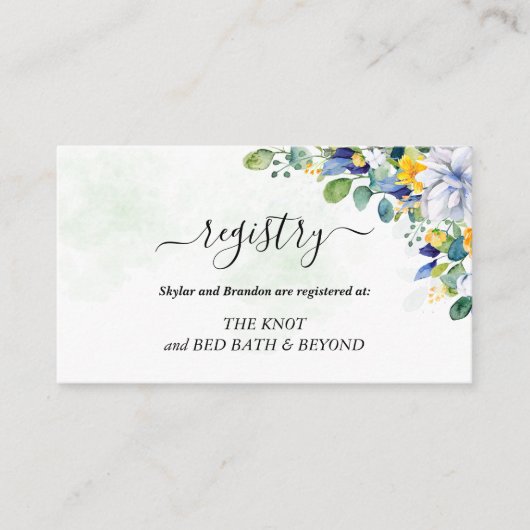 Elegante bloemengele witte blauwe bruiloft informatiekaartje (Voorkant)