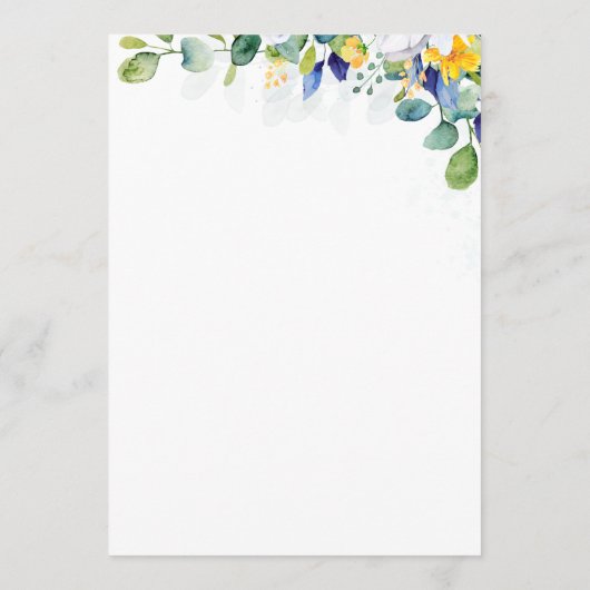 Elegante bloemengele witte blauwe bruiloft menu (Achterkant)