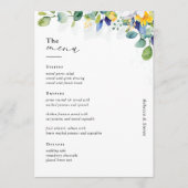 Elegante bloemengele witte blauwe bruiloft menu (Voorkant)