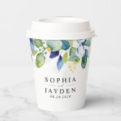 Elegante bloemengele witte blauwe bruiloft papieren bekers (Achterkant)