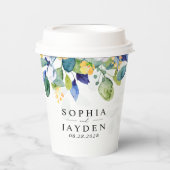 Elegante bloemengele witte blauwe bruiloft papieren bekers (Voorkant)